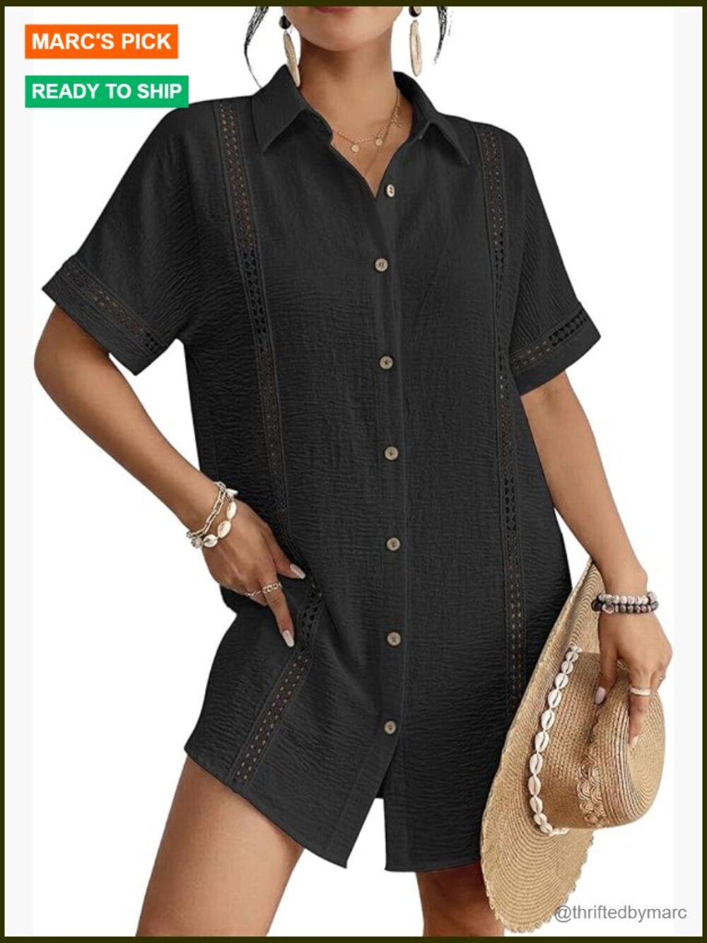 Short Sleeve Eyelet Trim Cover Up Button Beach Shirt Dress